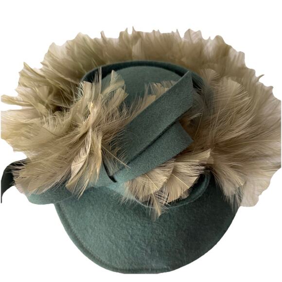Vintage 1950s Feather Cocktail Tilt Hat Teal Felt Fascinator Germaine Montabert main image 8